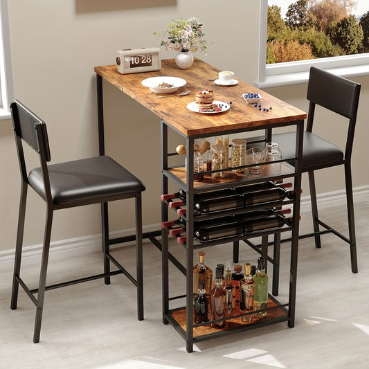 Eettafelset voor 2 personen – Tafel met 2 Stoelen – Keukentafelset – Compacte Eettafel – Kleine Ruimte Meubel – Counter Hoogte – Opbergruimte Onder Tafelblad – Mix Hout en Metaal