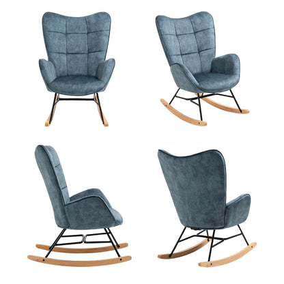 Schommelstoel – Relaxstoel – Fauteuil – Loungestoel – Stoel – Scandinavisch Design – Met Metalen Frame en Beukenhouten Poten – Hoog Rugleuning – Comfortabele Stoffen Bekleding – Blauw – 67x84x97 cm
