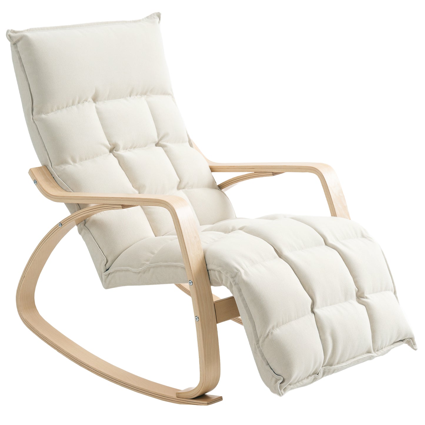 Schommelstoel – Relaxstoel – Fauteuil – Voedingsstoel – Loungestoel – Gestoffeerd – Verstelbare Voetsteun – Birkenhouten Frame – Crème Wit