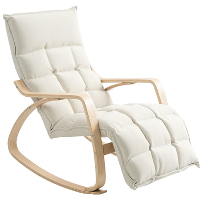 Schommelstoel – Relaxstoel – Fauteuil – Voedingsstoel – Loungestoel – Gestoffeerd – Verstelbare Voetsteun – Birkenhouten Frame – Crème Wit