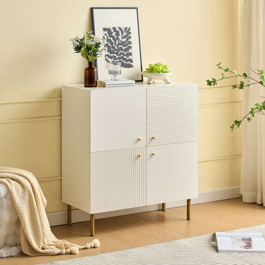 Dressoir – Opbergkast – Ladekast – Buffettafel – Sideboard – Wit – Gouden Handgrepen – Stevige Stalen Poten – Ruime Opbergruimte – Smal Vloermodel
