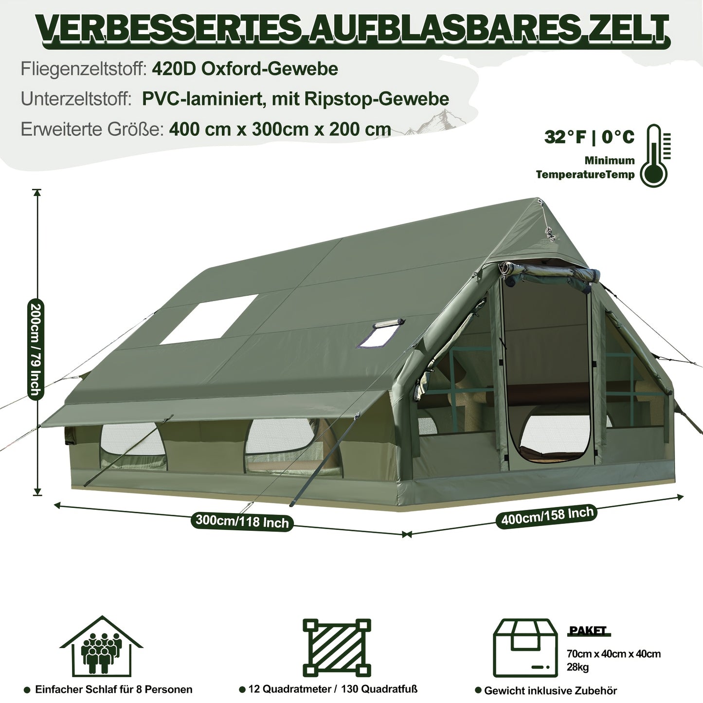 Opblaasbare Tent – Lucht Tent – Kampeertent – Festival Tent – Familietent – Militair Groen 3x2,1m – Snelle Installatie met Handpomp – Duurzaam 420D Oxford Materiaal