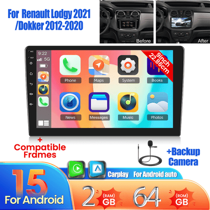 [2+64G] Android 15 Double Din Car Stereo Radio for Renault Lodgy 2021/ Dokker 2012-2020 with Wireless CarPlay & Android Auto 22.86 cm Touch Screen Wireless Audio with GPS Navigation Mirror Link SWC WiFi RDS Backup Camera MIC