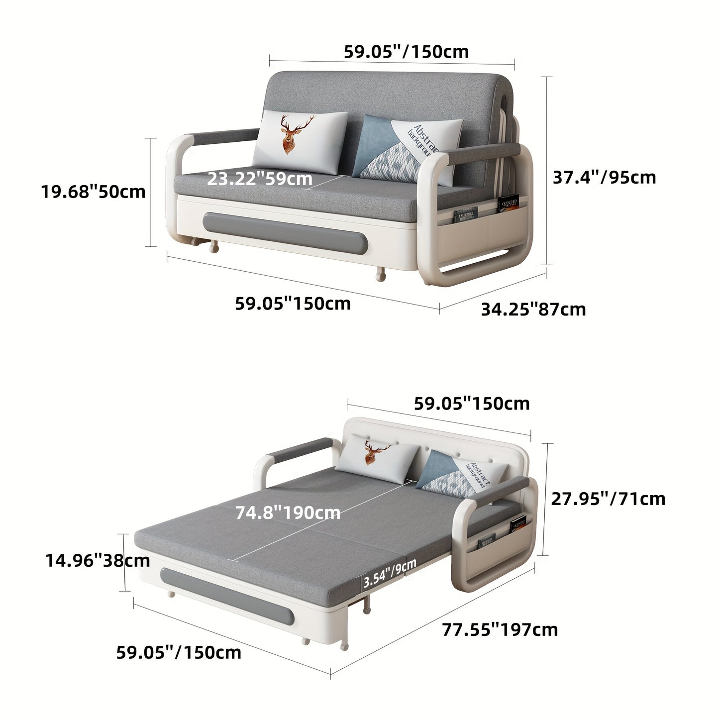 Slaapbank – Slaapbankbed – Bedbank – Slaapbank Met Opbergruimte – Slaapbank Slaapfunctie – 150 cm – Donkergrijs Wit – Opbergruimte Onder Zitting
