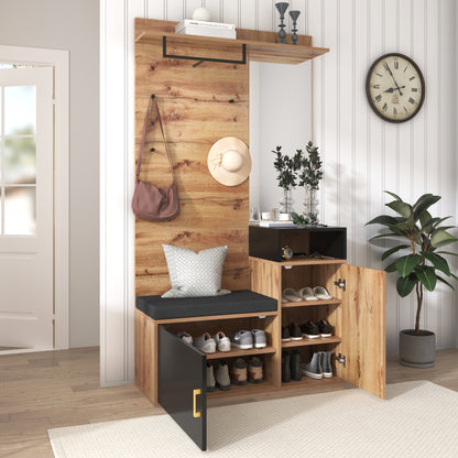Coat rack and cloakroom suite, comprising four coat hooks, mirror, shoe cabinet, wall-mounted coat rack, top shelf, and hallway bench. Designed to meet diverse requirements, suitable for corridors and entrance halls.