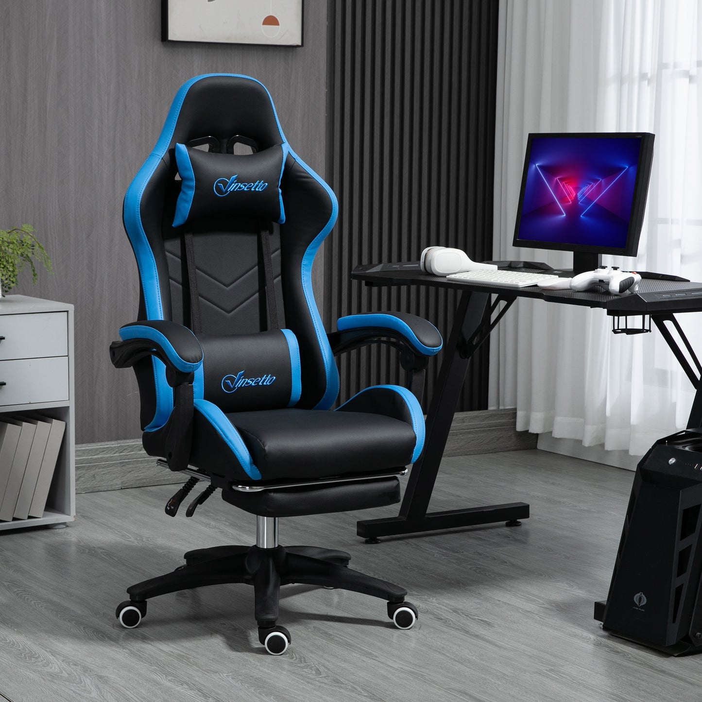 Gamingstoel – Gamestoel – Gaming Chair – Bureaustoel – Computerstoel – Verstelbare Rugleuning 135° – Inclusief Voetensteun Kunstleer Zwart/Blauw