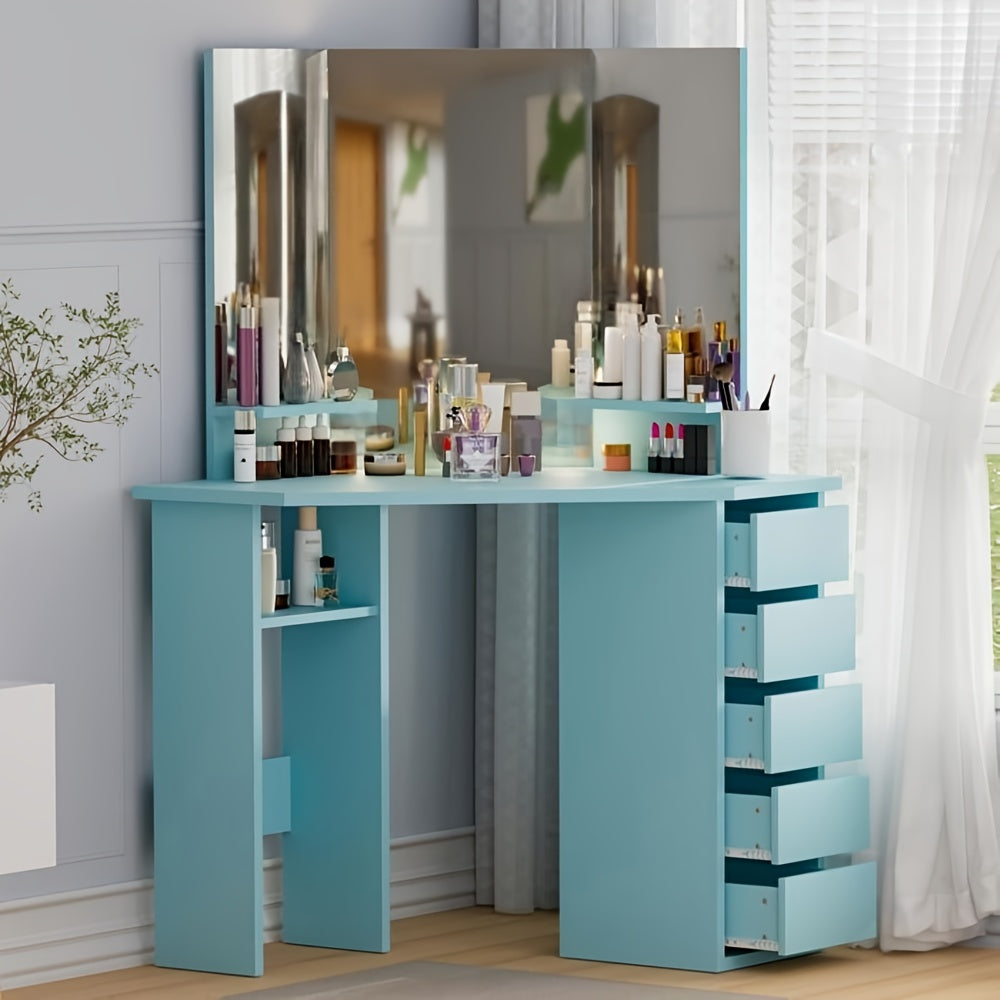 Kaptafel – Make-up Tafel – Opmaaktafel – Visagie Tafel – Schminktafel – Hoekmodel Met 3 Spiegelpanelen – 5 Lades & 2 Open Vakken – Modern Glas – 112x50x142,5 cm