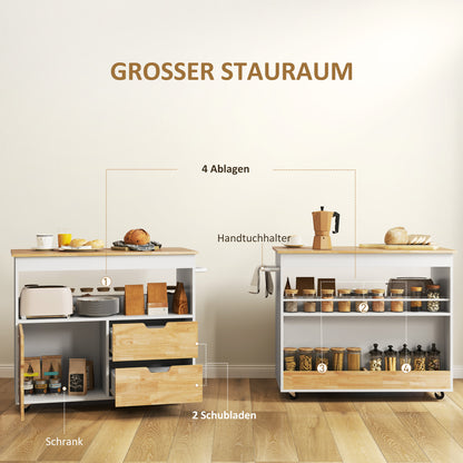 Mobiele Keukentrolley – Keukenwagen – Rijdend Keukeneiland – Keukenkast – Werktafel – Wit Met Eiken – Ruim Werkblad – Praktische Opbergruimte