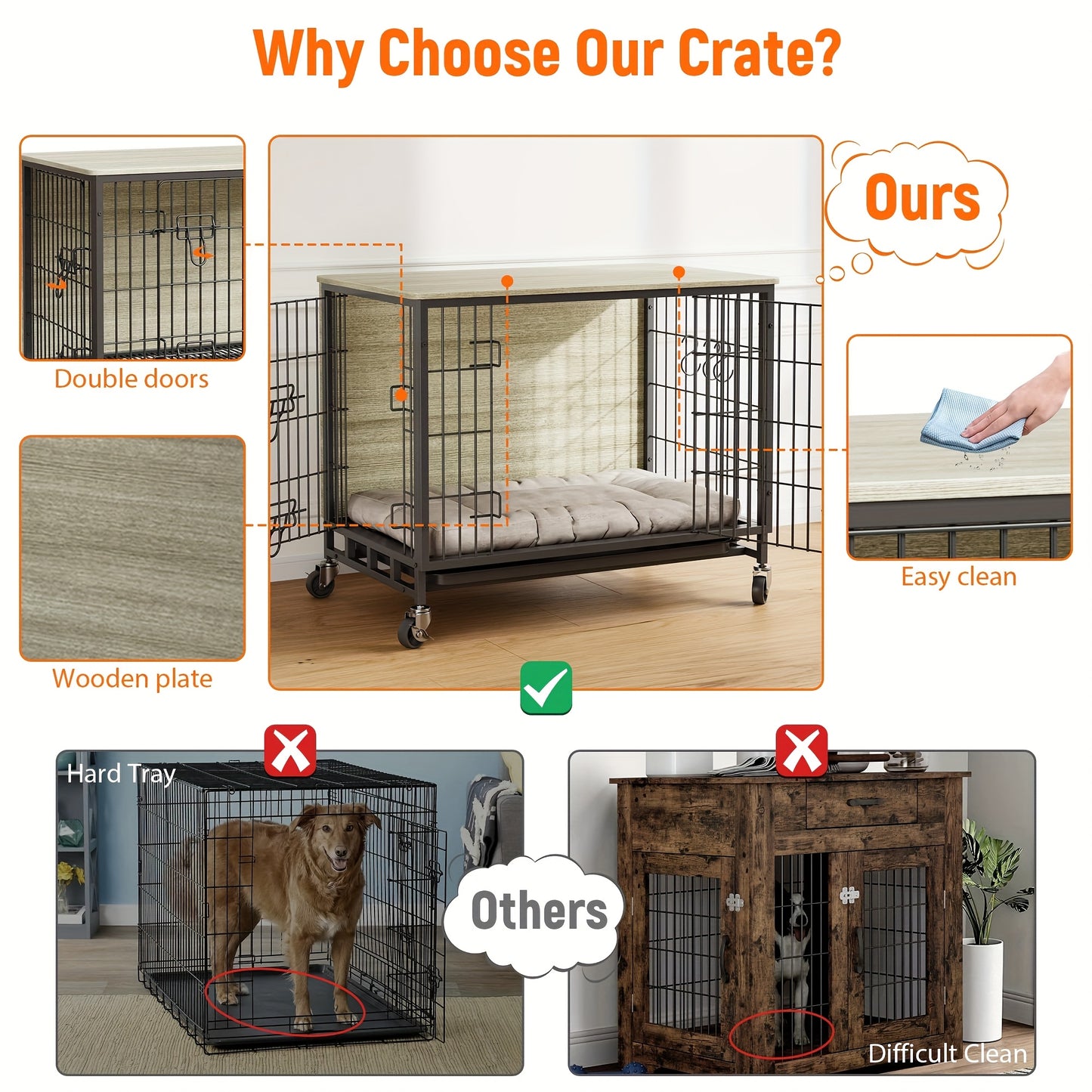 Hondenbench – Hondenkooi – Hondenhuisje – Bench Hond – Hondenhok – Hout – Dubbele Deuren – Met Wieltjes – Grijs – 70x50 cm – Voor Kleine en Middelgrote Honden