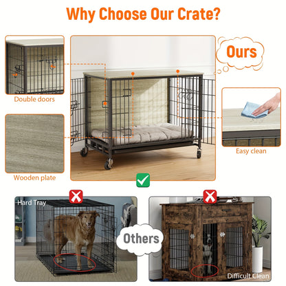 Hondenbench – Hondenkooi – Hondenhuisje – Bench Hond – Hondenhok – Hout – Dubbele Deuren – Met Wieltjes – Grijs – 70x50 cm – Voor Kleine en Middelgrote Honden