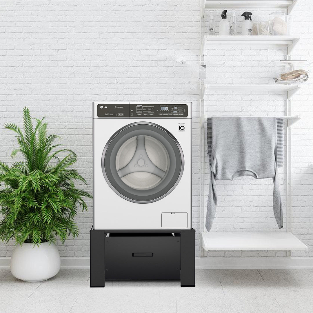 Washing Machine Stand with Storage Drawer, Steel Frame, 150 kg Load Capacity, Anti-Slip Base & Shock-Absorbing Pads