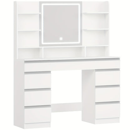 Large Jewelry Storage Cabinet With LED Lighting, 3 Colours, Brightness Control, Dressing Table With Mirror, 9 Drawers, 9 Open Shelves, Modern Style, White Golden/White And Silver, Jewelry Chests - QUORE