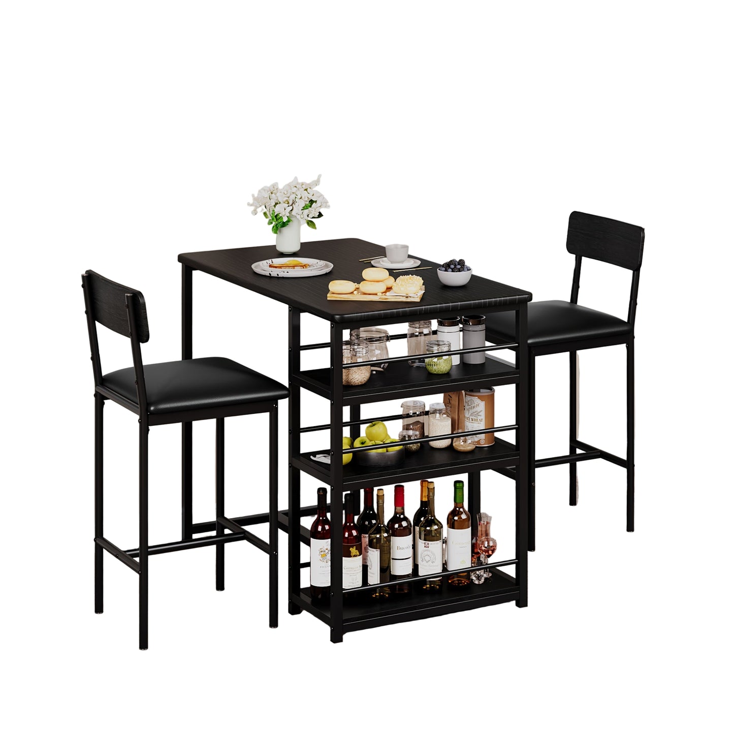 Eettafelset – Dining Set – Keukentafelset – Tafel met Stoelen – Bistro Set – Compact 3-Delig – Zwart/Bruin Metaal – Comfortabele Gestoffeerde Stoelen – Makkelijk Schoon Te Maken