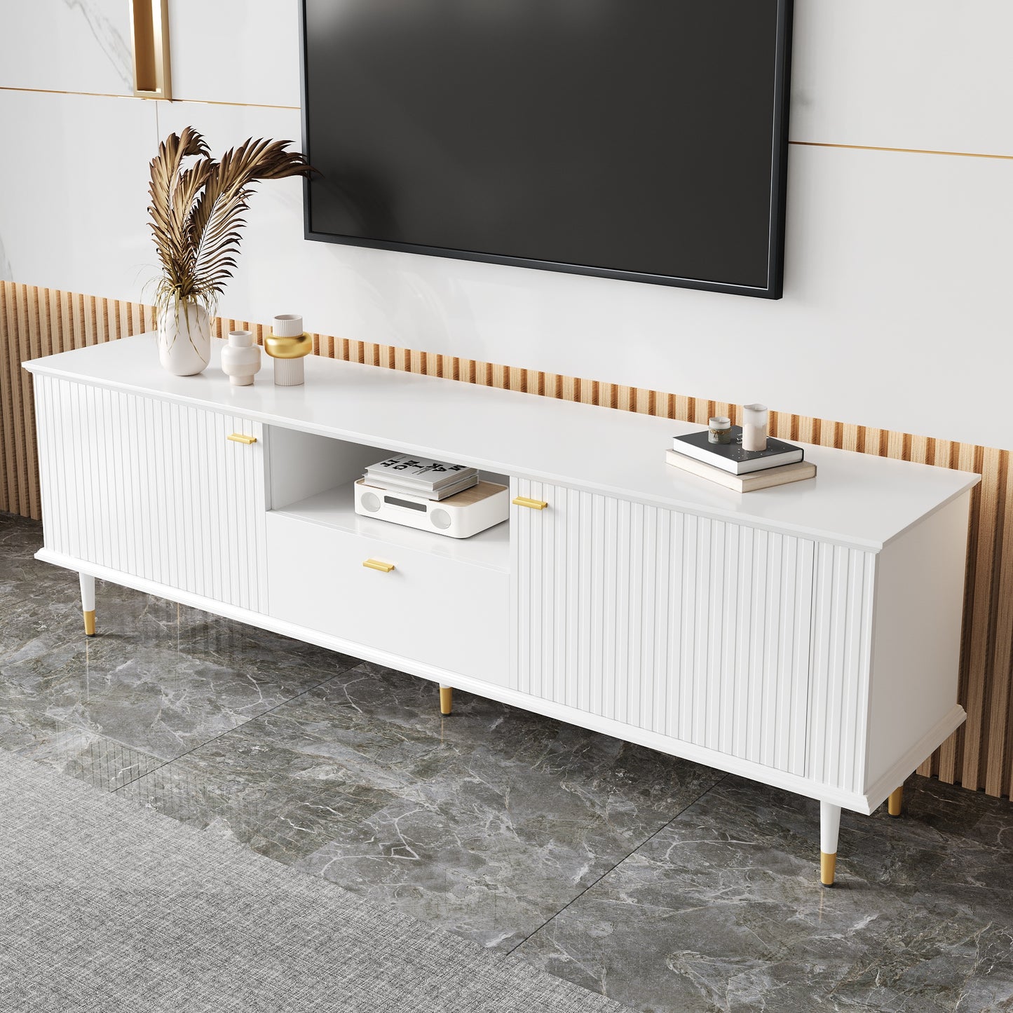 TV Lowboard – Tv Meubel – Mediameubel – Kast – Onderkast – Wit Met Gouden Accenten – Soft-Close Deuren – Kabelmanagement & Verstelbare Pootjes 170x36x54,5 cm