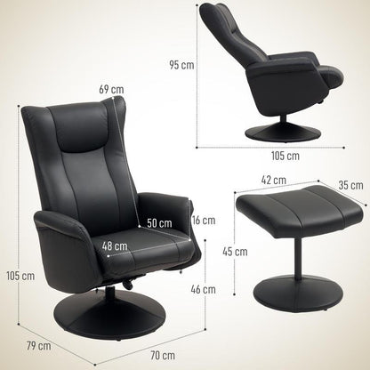 Draaifauteuil – Relaxfauteuil – Lounge Chair – Fauteuil Met Voetenbank – Zwarte Draaistoel – Ergonomisch Verstelbare Rugleuning – Massief Houten En Metalen Frame 150kg Capaciteit