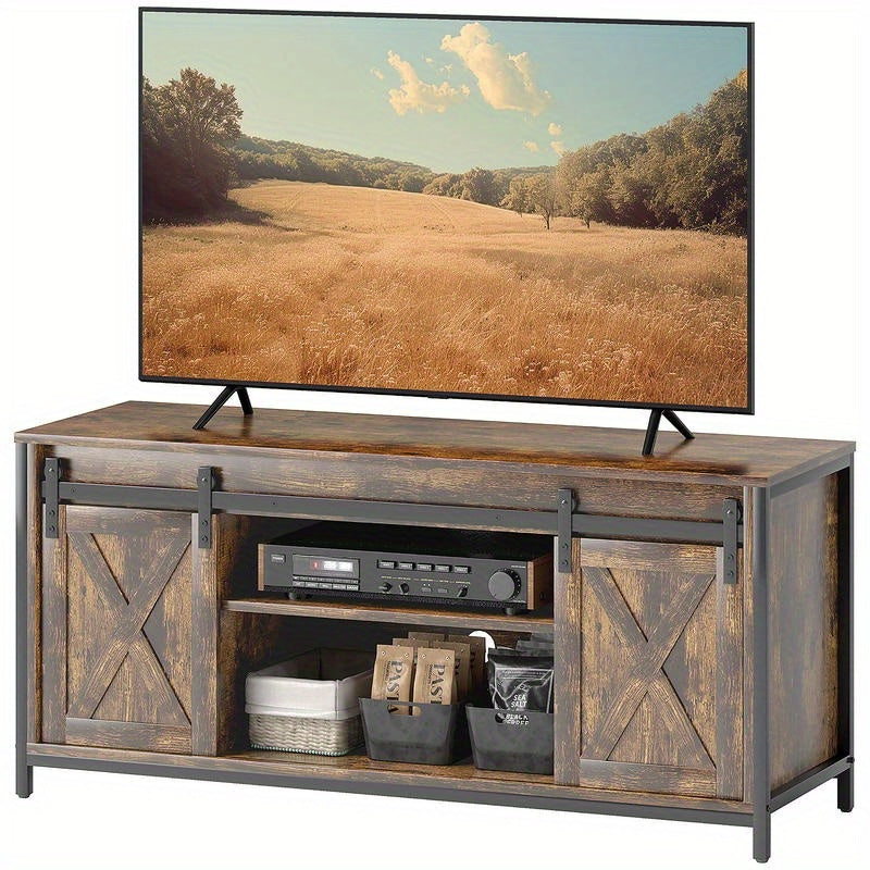 Tv-meubel – Tv-standaard – Tv-kast – Media Console – Tv-dressoir – Industrieel Modern – Houten Massief Hardhout – 6 Vakken Met Schuifdeuren