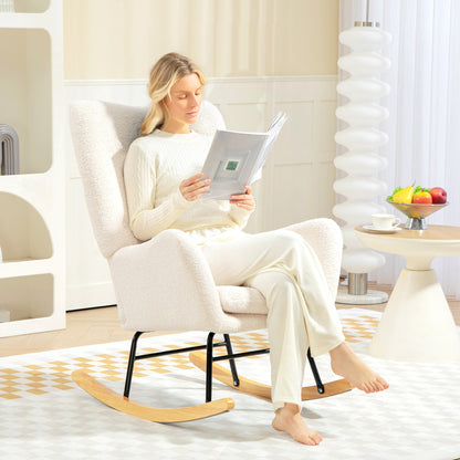 Schommelstoel – Schommelstoel Met Bekleding – Relaxstoel – Wiegstoel – Loungestoel – Crème Wit – Dikke Comfortabele Vulling – Inclusief Lendenkussen