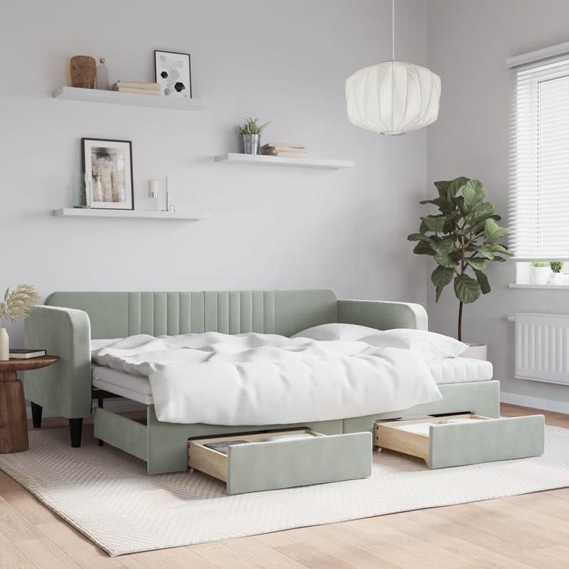 Bedframe – Eenpersoonsbed – Slaapbank – Platformbed – Jeugdbed – Lichtgrijs Fluweel – Opbergruimte Met Lades En Planken – Stevig Houten Frame 80x200 cm