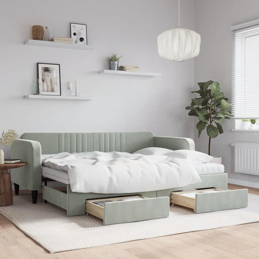 Bedframe – Eenpersoonsbed – Slaapbank – Platformbed – Jeugdbed – Lichtgrijs Fluweel – Opbergruimte Met Lades En Planken – Stevig Houten Frame 80x200 cm