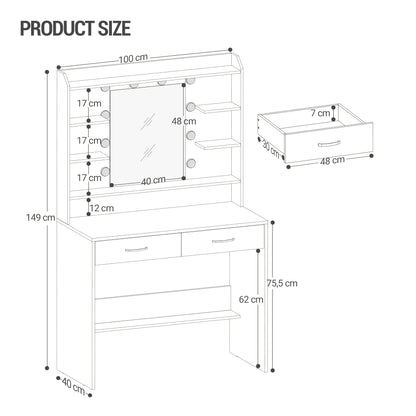 Kaptafel – Make-uptafel – Schminktafel – Toilletmeubel – Vanity – Met Spiegels – Verstelbare Helderheid – 40 x 100 x 149 cm – Wit – Met 2 Laden En Opbergruimte