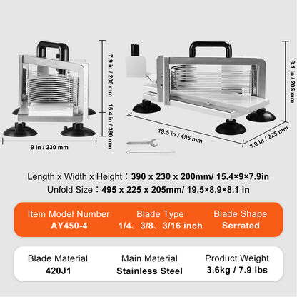 Tomatensnijder – Groentesnijder – Fruitsnijder – Snijmachine – Handmatige snijmachine – RVS Metalen Behuizing – 3 Dikte Instellingen 3/16" 1/4" 3/8" – Anti-slip Zuignappen Voor Stabiliteit