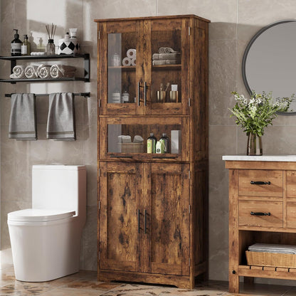 Large Storage Cabinet with Glass Doors | Tall Hardwood Cabinet with Drawers and Shelves, Modern Style, Floor Mount, Brown, Retro Double Door for Hallway and Bedroom