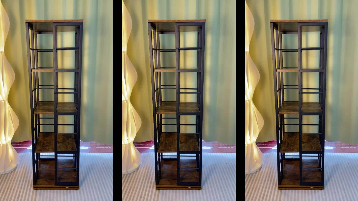 Draaibare Boekenkast – Boekenrek – Vakkenkast – Opbergkast – Plank – Zwart + Bruin – 5 Laags Met 360° Draaifunctie – Stevig MDF En Metaal – Compact En Vrijstaand Ontwerp