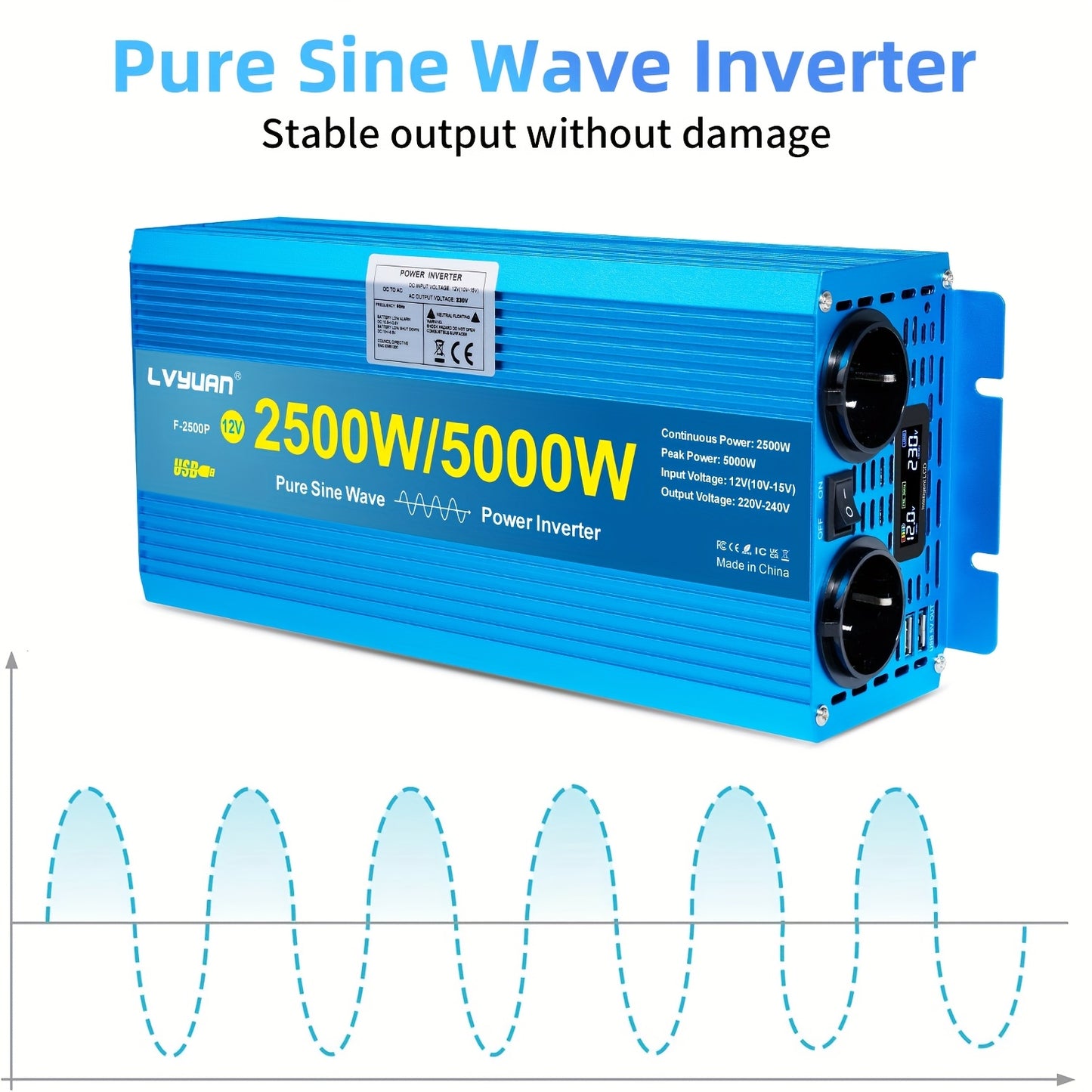 Spanningsomvormer – Omvormer – Inverter – Stroomomzetter – Converter – 2500W Zuivere Sinus – Aluminium Behuizing – LCD Display – 2x 230V Stopcontacten + USB