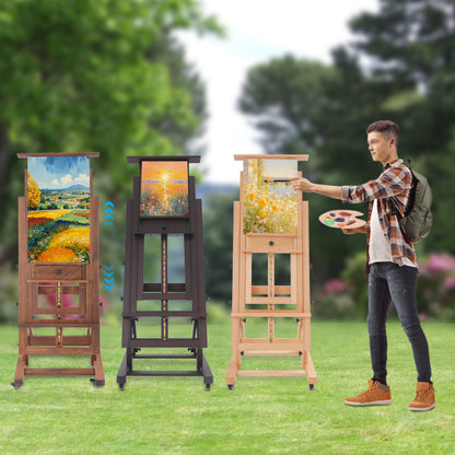 Verstelbare Kunstenaars Ezelschaal – Schildersezel – Atelier Ezelschaal – Houten Ezelschaal – Kunst Easel – Walnoot Kleur – Verstelbare Hoogte 140-300 cm – Stevige H-vormige Basis met Remwieltjes