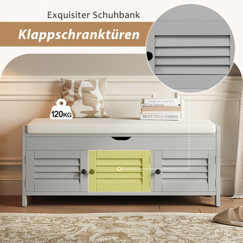 Schoenenbank – Schoenenrek – Schoenenkast – Opbergbank – Halmeubel – Bamboe Materiaal – Comfortabele Katoenen Zitting – 3 Louverdeuren Met Verborgen Opbergruimte