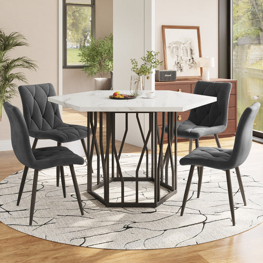 Eettafelset – Eethoek – Diningset – Eettafel Met Stoelen – Tafelschikking – Zeshoekige Marmeren Tafel – 4 Grijze Velvet Stoelen – Compact Design – Stalen Frame