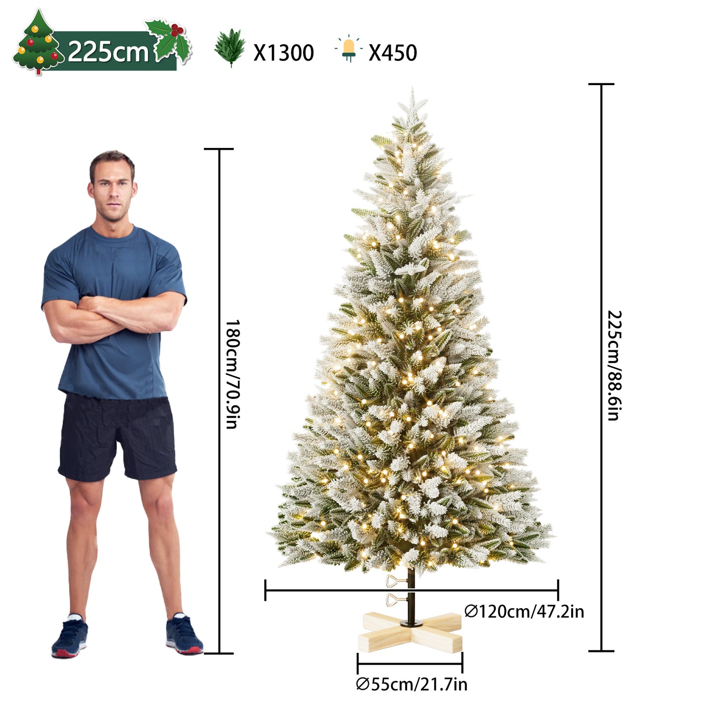 Kerstboom – Kunstkerstboom – Nepkerstboom – Decoratieboom – Winterboom – 225 cm Hoog – Met Ingebouwde LED Verlichting