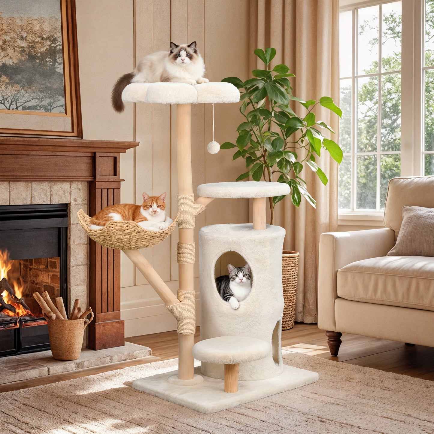 Kattenkrabpaal – Krabmeubel – Kattenboom – Krabtoren – Kattenhuis – 142 cm Hoog – Stevig Hout En Soft-Touch Textiel