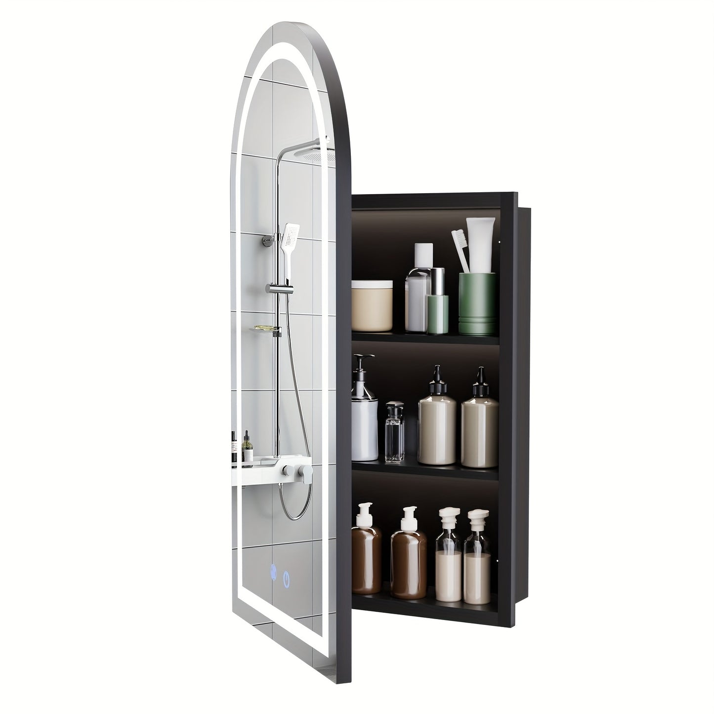 Badkamerspiegelkast – Spiegelkast – Medicijnkast – Wandkast – Opbergkast – Boogvormig – Verstelbare Legplanken – Zwart Met Stalen Frame