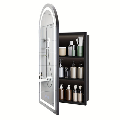 Badkamerspiegelkast – Spiegelkast – Medicijnkast – Wandkast – Opbergkast – Boogvormig – Verstelbare Legplanken – Zwart Met Stalen Frame