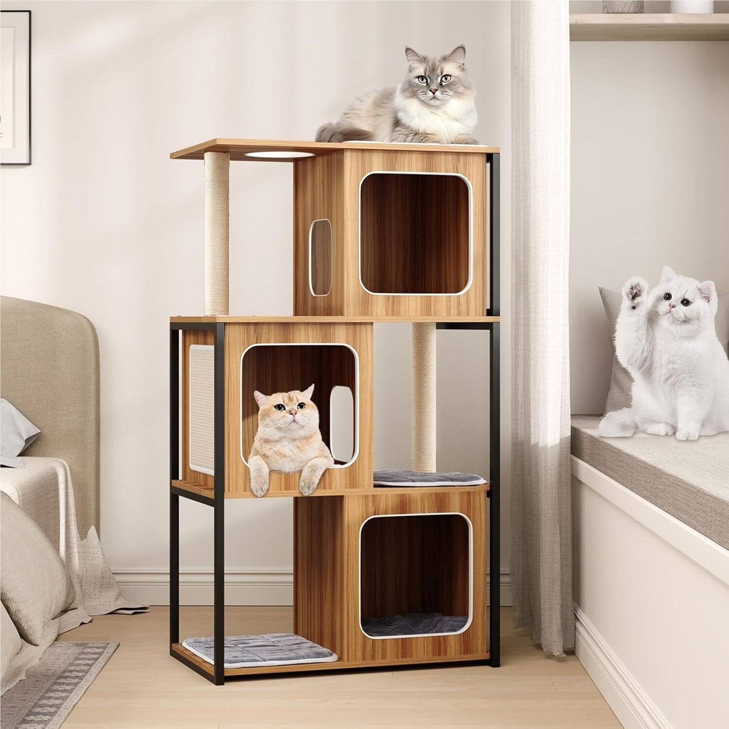 Krabpaal – Kattenboom – Krabmeubel – Kattenhuis – Krabton – Houten Frame – 132 cm Hoog – Met 3 Condo’s – Sisal Krabpalen – Wasbare Kussens