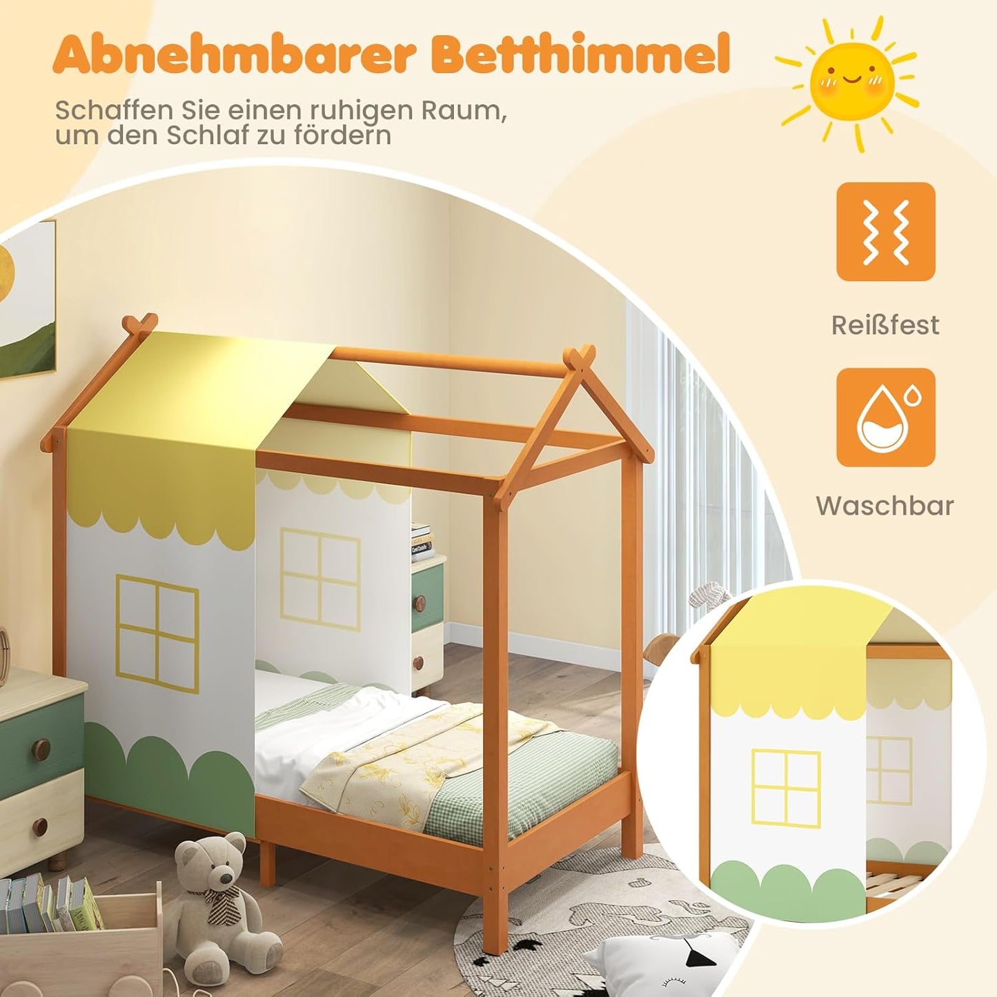 Houten Kinderbed – Bed Voor Kinderen – Kinderbed Met Canopy – Speelhuis Bed – Babybed 70x140 Cm – Robuuste Vurenhouten Constructie – Verwijderbare Wasbare Canopy