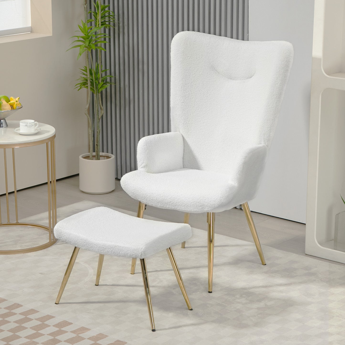 Fauteuil – Loungestoel – Relaxstoel – Zetel – Fauteuil Met Poef – Fluffy Sherpa Bekleding – Verstelbare Voetjes – Stalen Poten – Hoog Rugleuning – Wit