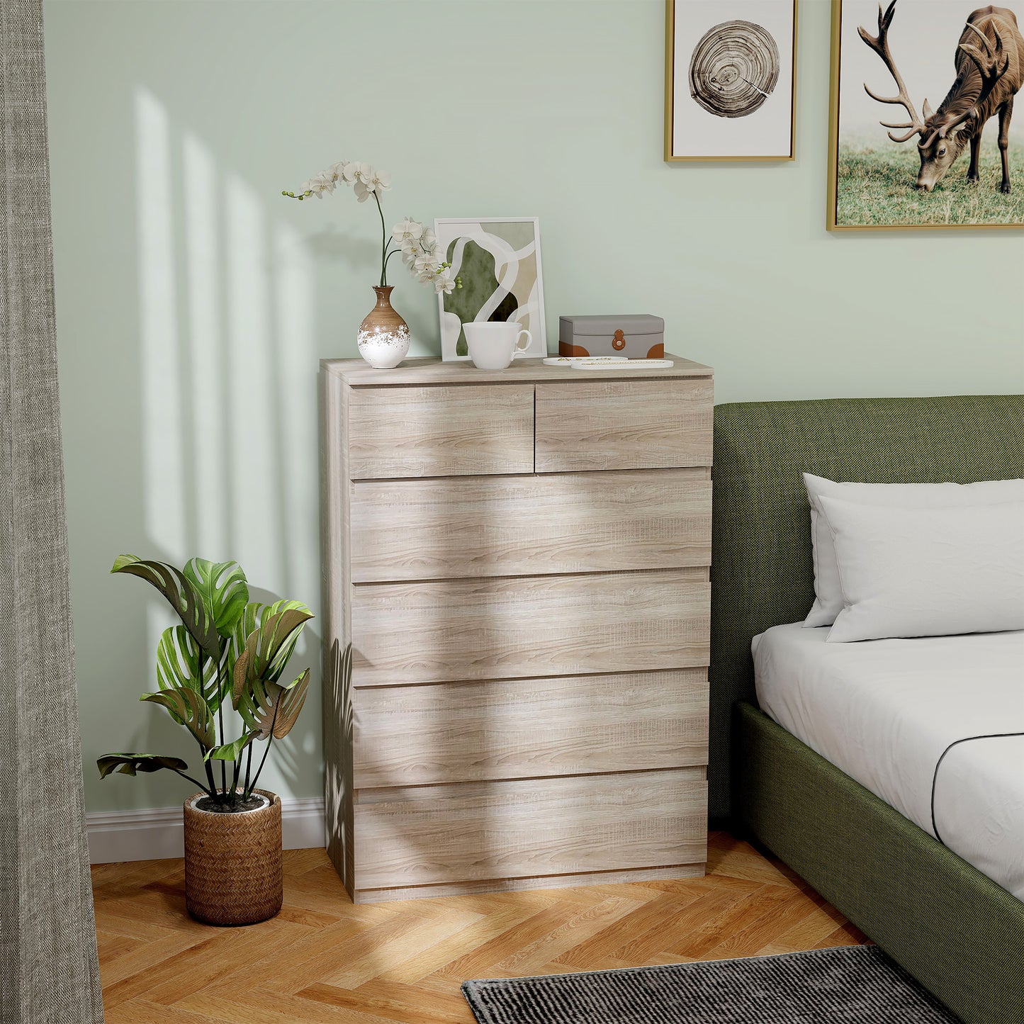 Commode – Ladekast – Dressoir – Kast – Opbergkast – Natuurlijk Hout – 6 Lades – Anti-Kantelbeveiliging – Strak Minimalistisch Design