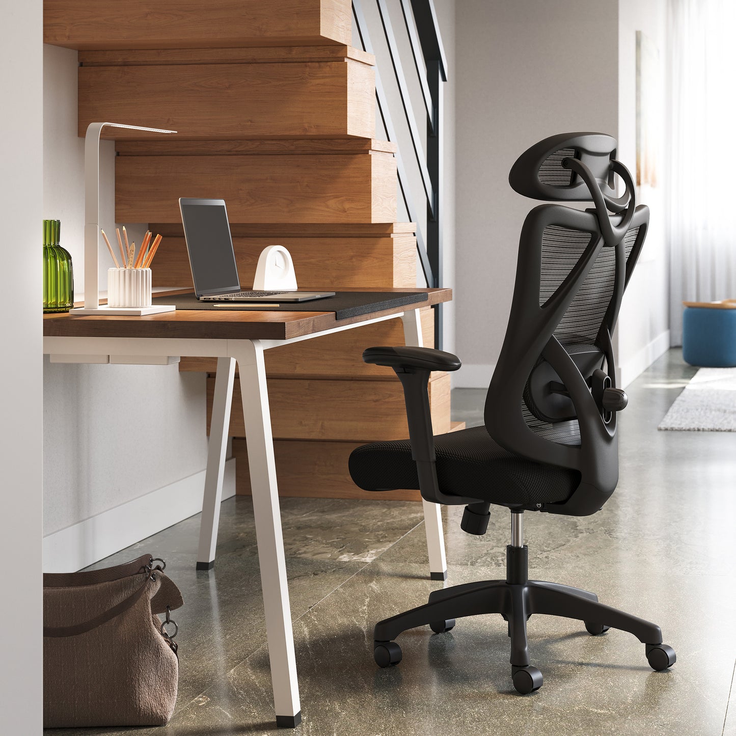 Ergonomische Bureaustoel – Bureaustoel Set – Computerstoel – Mesh Stoel – Verstelbare Rugleuning – Lendensteun en Hoofdsteun – Draagkracht 150 kg – Zwart