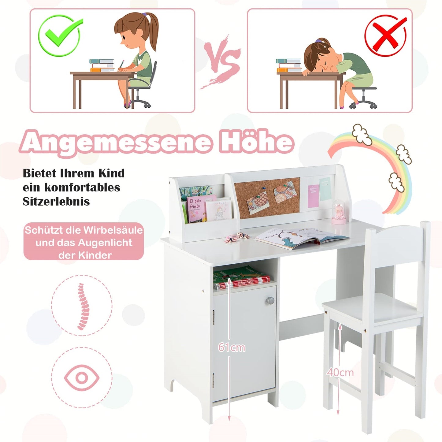 Kinderbureau – Bureautje – Studietafel – Kindertafel – Bureau Set – Inclusief Stoel – Met Boekenkast & Magnetisch Bord – Wit – Ergonomisch Design – Duurzaam MDF Hout