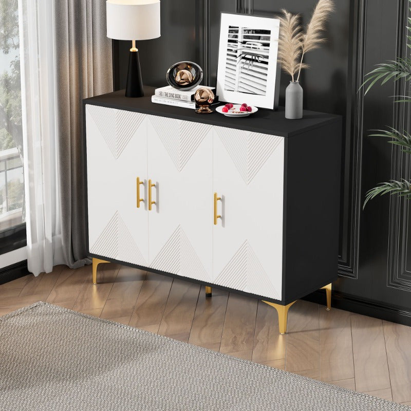 Modern Metallic Sideboard Cabinet - Elegant White & Golden Accent Storage with Doors, Non-Wood Furniture for Living Room, Bedroom, Dining Room - Easy Assembly Required, Preppy Room Decor, Bedroom Organizer, Classic Striped Do