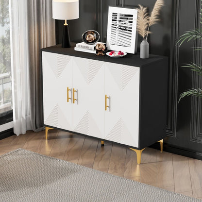 Modern Metallic Sideboard Cabinet - Elegant White & Golden Accent Storage with Doors, Non-Wood Furniture for Living Room, Bedroom, Dining Room - Easy Assembly Required, Preppy Room Decor, Bedroom Organizer, Classic Striped Do