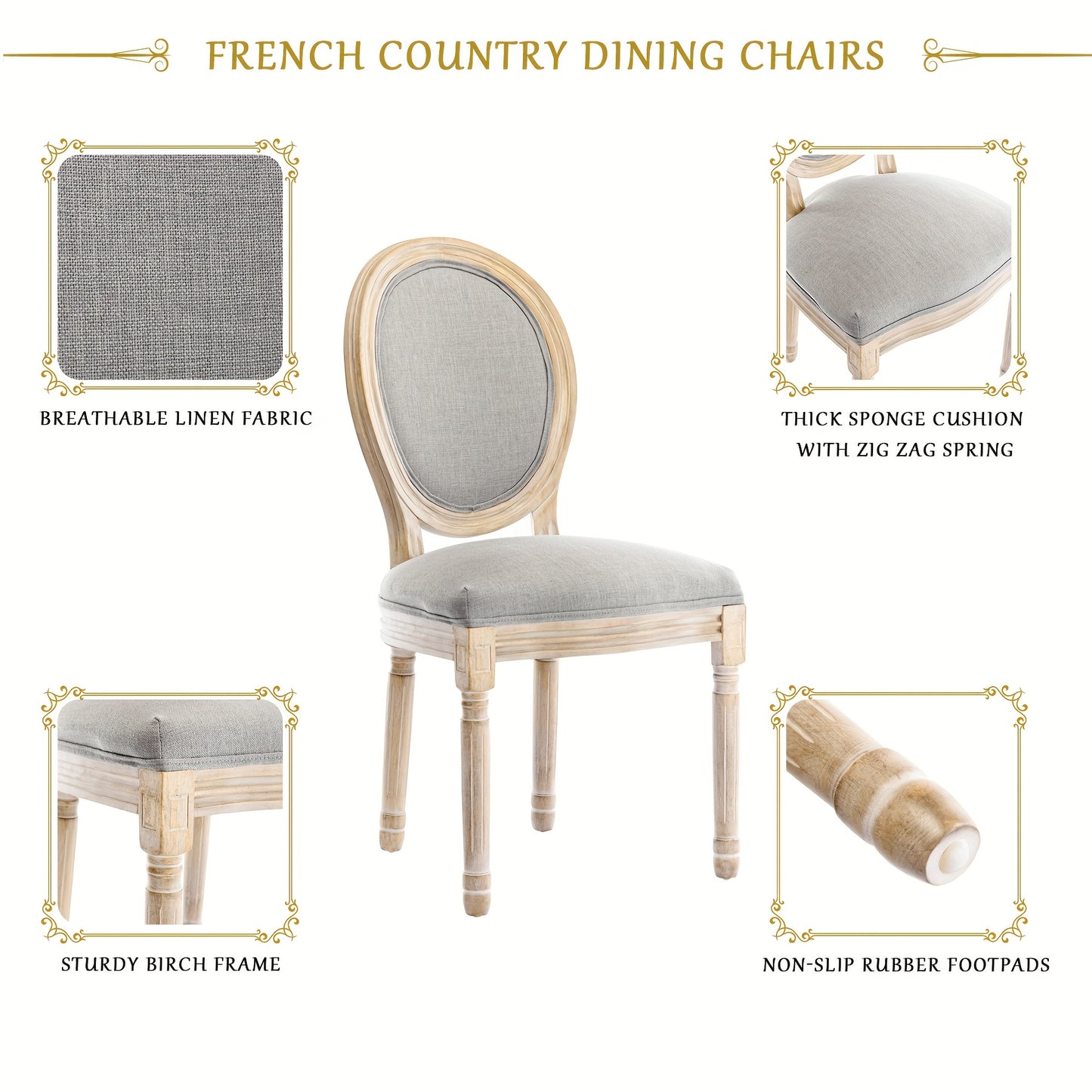 Franse Vintage Eetkamerstoel – Bistrostoel – Retro Stoel – Café Stoel – Eetstoel – Massief Houten Frame – Ergonomische Ovale Rugleuning – Met Comfortabel Kussen – Ademende Stof – Gemakkelijk Schoon Te Maken – Grijs – 1 Stuk