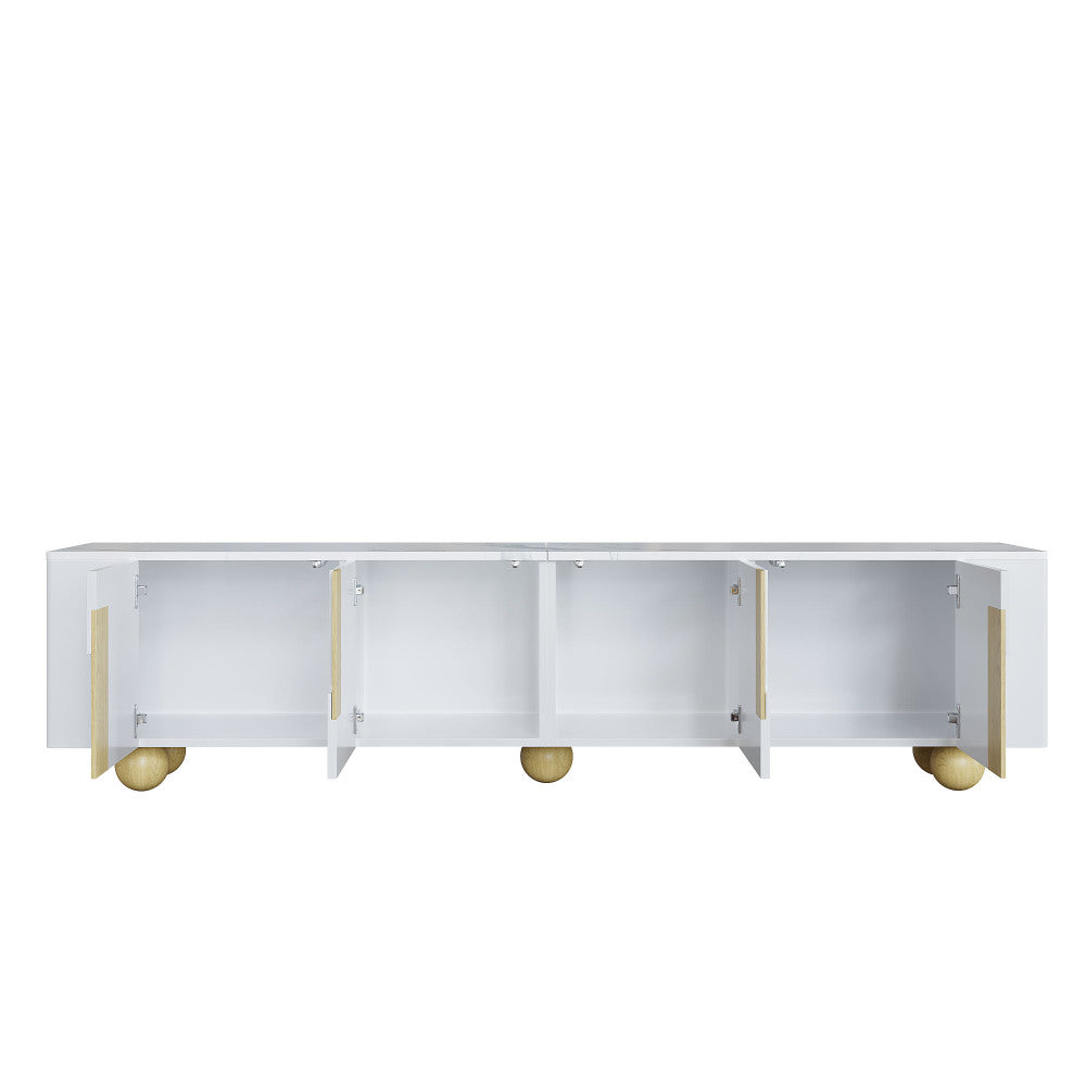 White TV Cabinet 180cm | Four-Door Design, Elegant Silhouette, Marble-Effect Textured Surface, Spherical Wooden Base, Metal Material