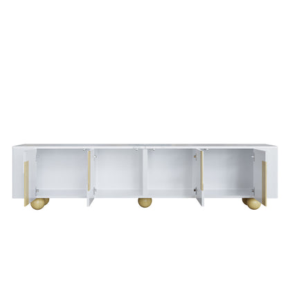 White TV Cabinet 180cm | Four-Door Design, Elegant Silhouette, Marble-Effect Textured Surface, Spherical Wooden Base, Metal Material