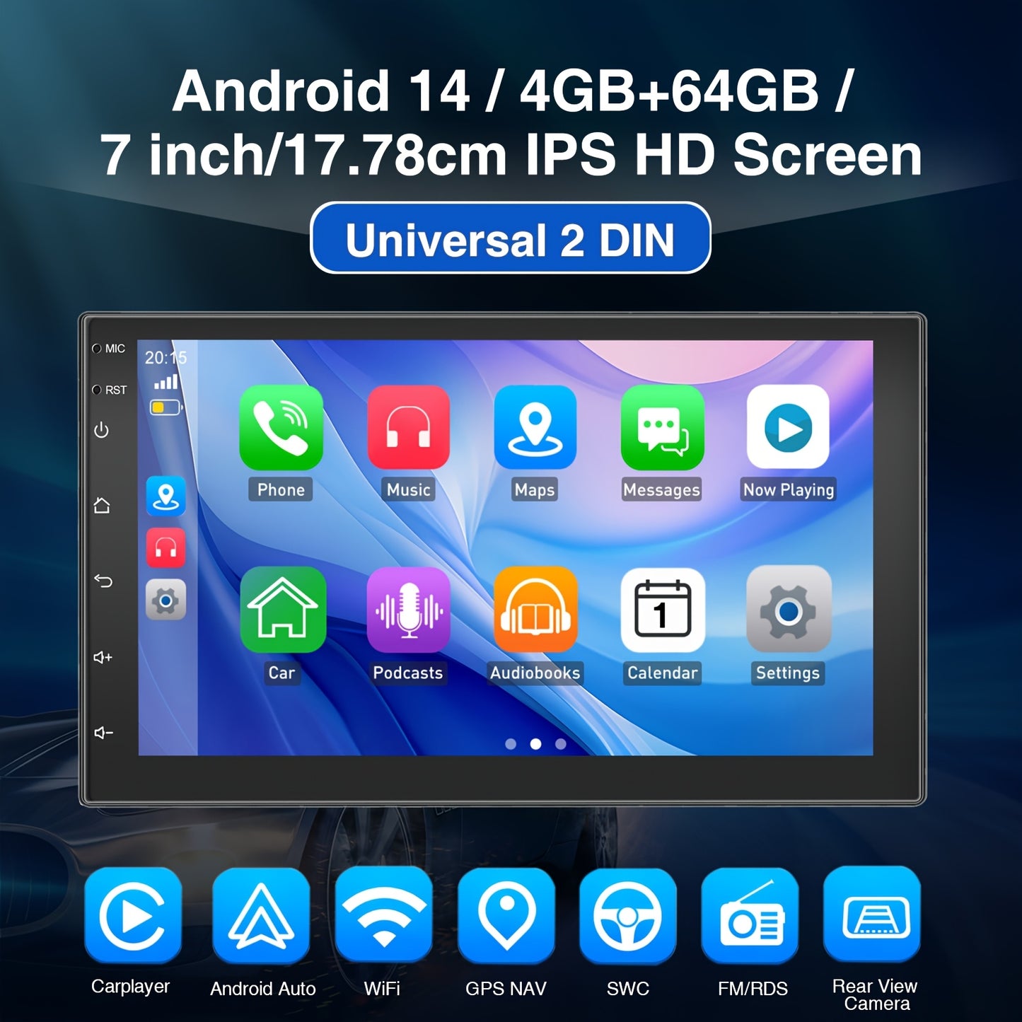 Android Autoradio – Multimedia Systeem – 2 DIN Radio – Auto Headunit – Touchscreen Stereo – 7 inch IPS Scherm – Android 14 Besturingssysteem – Inclusief 12 LED Achteruitrijcamera & Microfoon