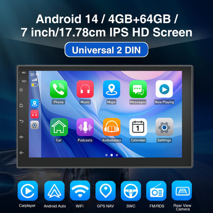 Android Autoradio – Multimedia Systeem – 2 DIN Radio – Auto Headunit – Touchscreen Stereo – 7 inch IPS Scherm – Android 14 Besturingssysteem – Inclusief 12 LED Achteruitrijcamera & Microfoon