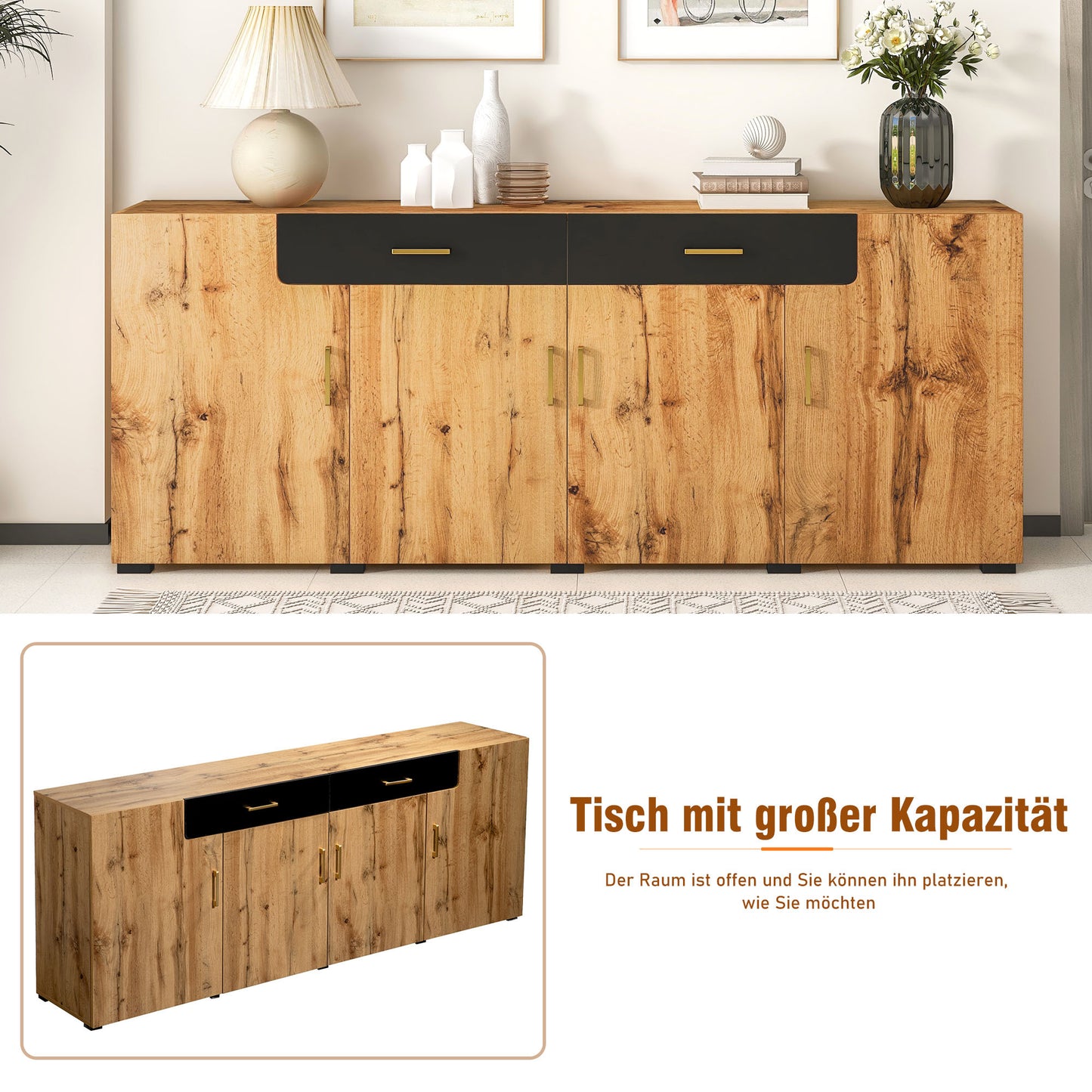 Sideboard – Dressoir – Tv-meubel – Buffetkast – Opbergkast – Houtlook Met Zwarte Accenten – 208x39,5x80 cm – MDF Met Melamine Coating