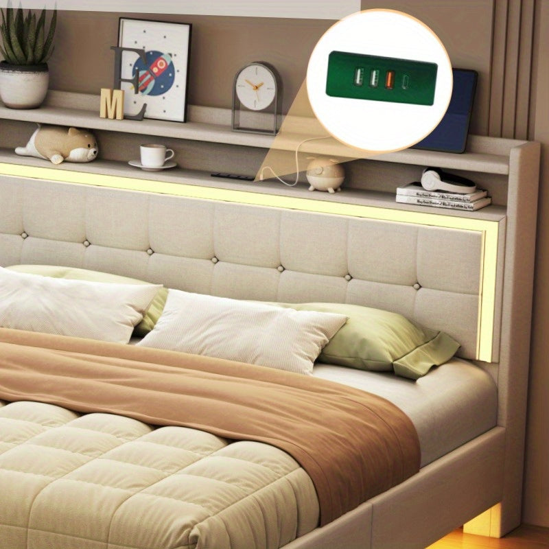 Bed – Eenpersoonsbed – Tweepersoonsbed – Boxspring – Opbergbed – 140x200 cm – Linnen Bekleding – Verborgen Onderstel